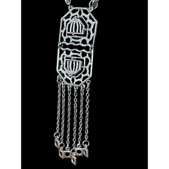 Vintage Art Deco Style Tassel Dangle Necklace 18 In Filigree Openwork Geometric - Picture 3 of 6
